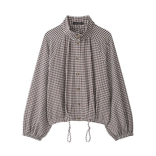 Damen 10+ kariertes Cropped‑Blusenjacke mit Stehkragen, Tunnelzugsaum und Ballonärmeln Nord Taschen