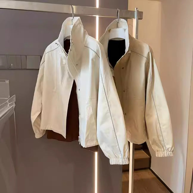 Damen Leichte Overshirt‑Jacke mit Stehkragen, Druckknopfverschluss & Kontrastnaht Nord Taschen