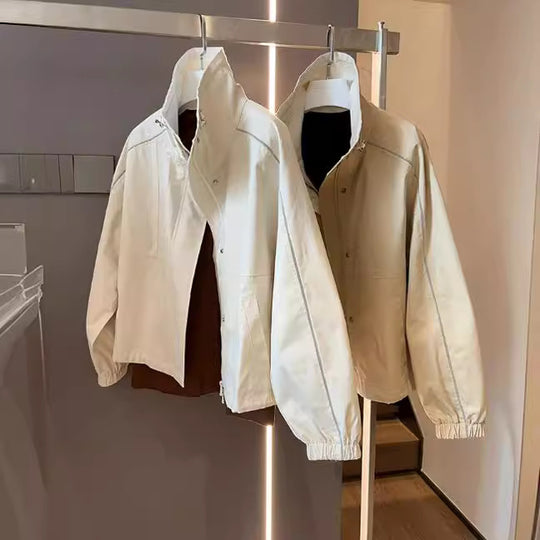 Damen Leichte Overshirt‑Jacke mit Stehkragen, Druckknopfverschluss & Kontrastnaht Nord Taschen