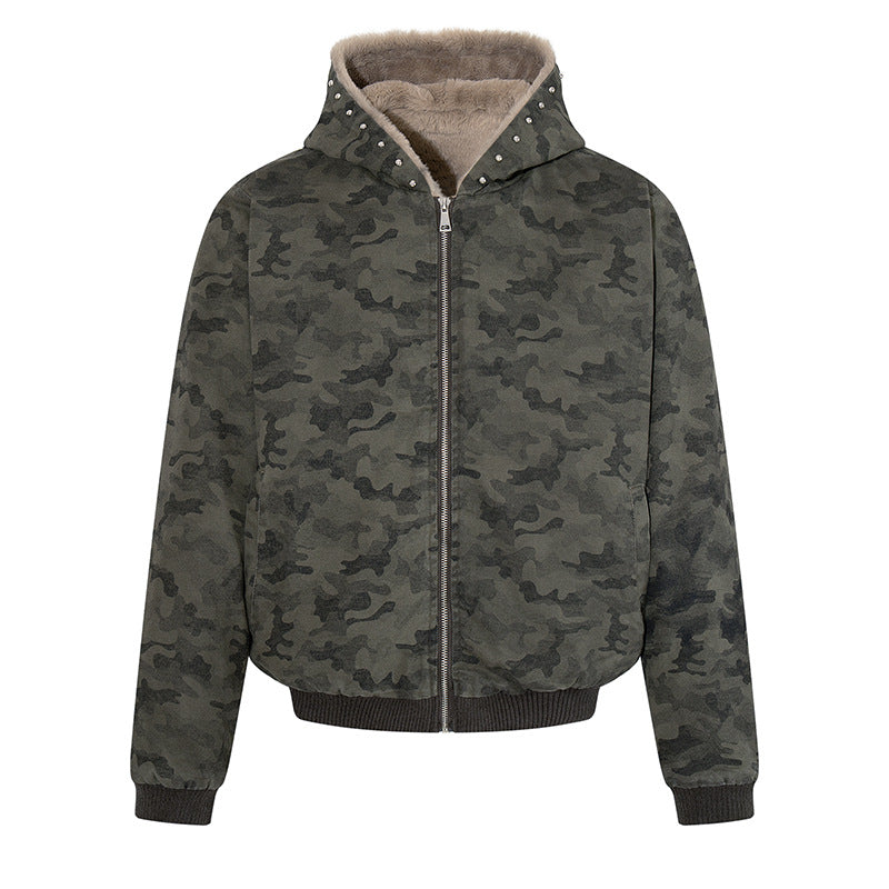 Damen gefütterte Camouflage-Bomberjacke mit Teddy-Innenfutter, Kapuze und Rippbündchen Nord Taschen