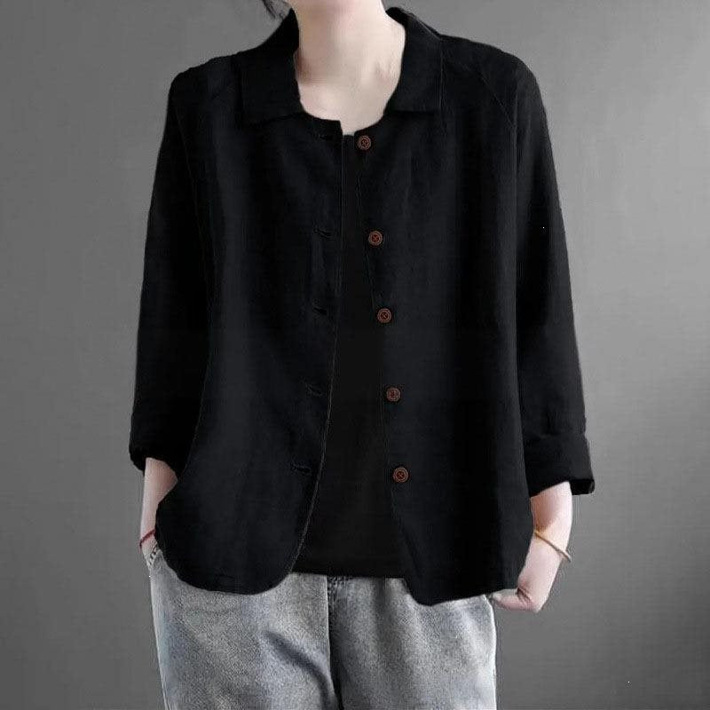 Damen Oversized Leinen-Hemdjacke mit Hemdkragen, 3/4-Ärmeln und durchgehender Knopfleiste Nord Taschen