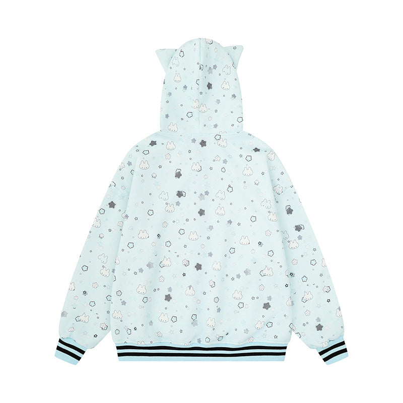 Damen Kapuzensweatjacke im Oversize‑Schnitt mit Komplettdruck, Reißverschluss und kontrastierenden Rippbündchen Nord Taschen