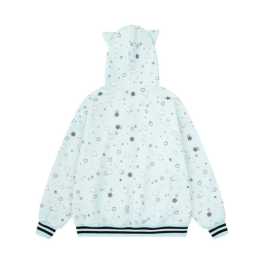 Damen Kapuzensweatjacke im Oversize‑Schnitt mit Komplettdruck, Reißverschluss und kontrastierenden Rippbündchen Nord Taschen