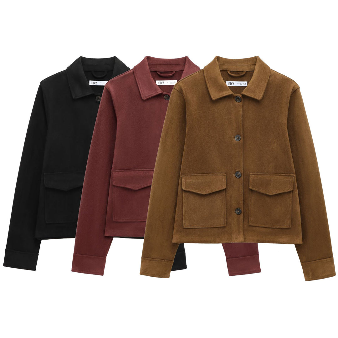 Damen Kurze Wildlederoptik-Jacke mit aufgesetzten Klappentaschen Nord Taschen