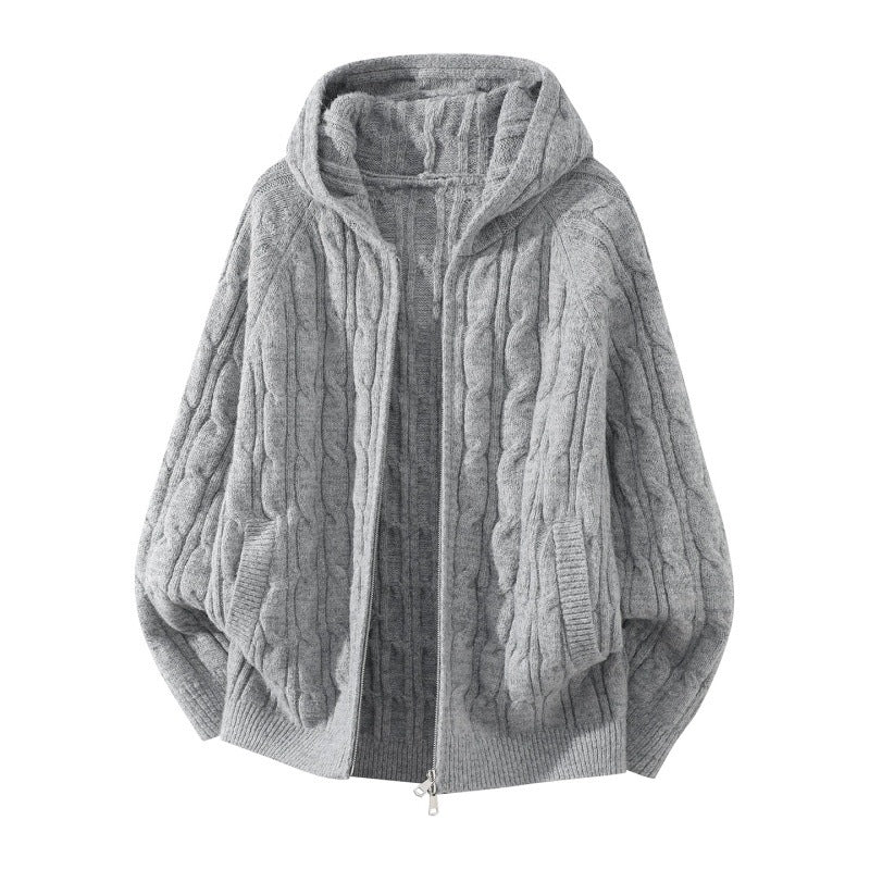 Damen Oversize Zopfstrick-Kapuzencardigan mit durchgehendem Reißverschluss und Ballonärmeln Nord Taschen