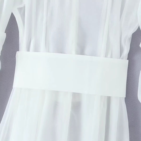 Damen Transparentes Hemdblusenkleid mit weitem Taillengürtel und Volantrock Nord Taschen