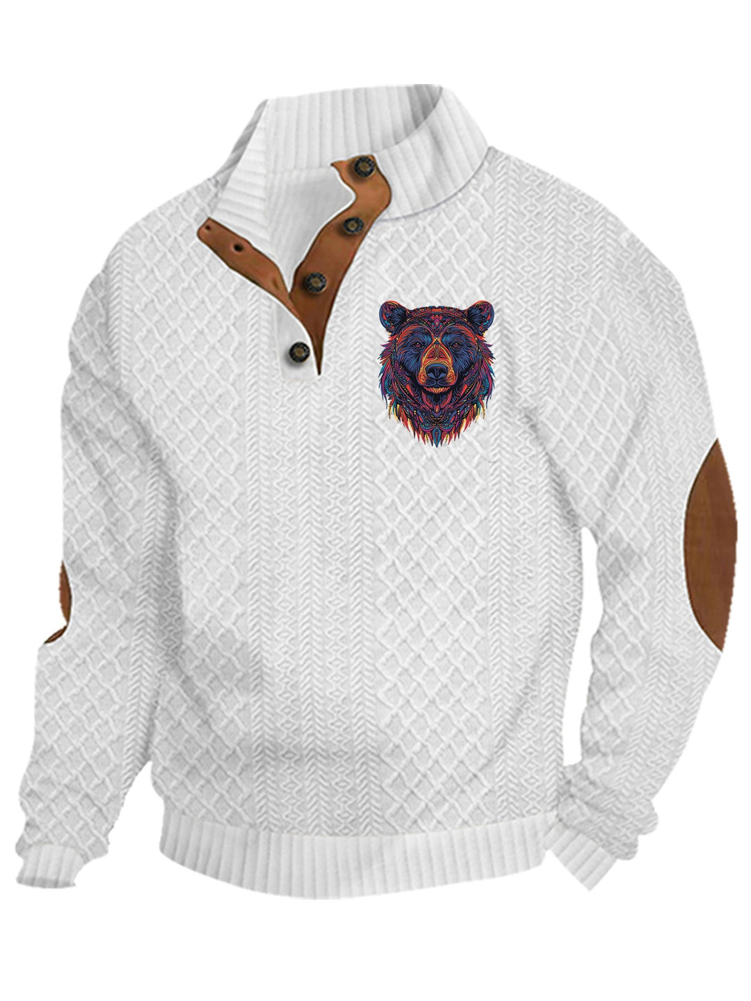 Herren nan Heritage-Strukturpullover mit Stehkragen Lederimitat-Besatz Ellenbogen-Patches und Halbknopfleiste