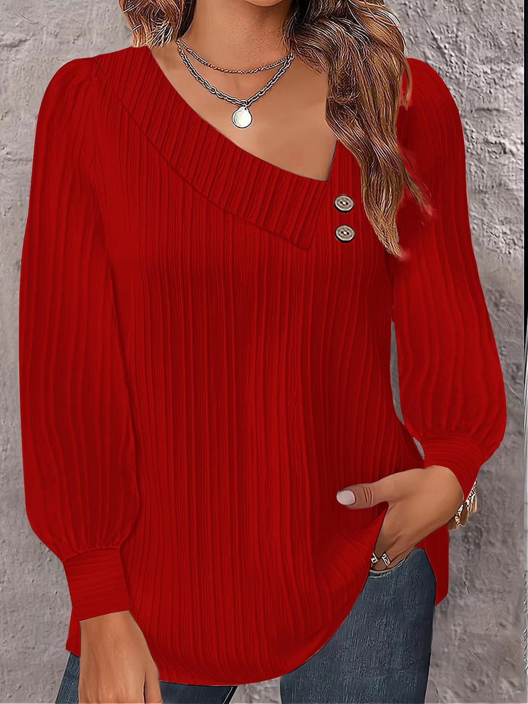 Damen Plissee-Bluse mit asymmetrischem Ausschnitt und Knopf-Details