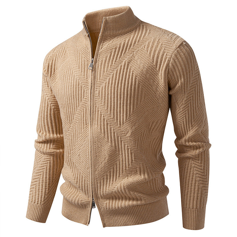 Herren Reißverschluss-Cardigan mit geometrischem Fischgrätstrick und Stehkragen Nord Taschen