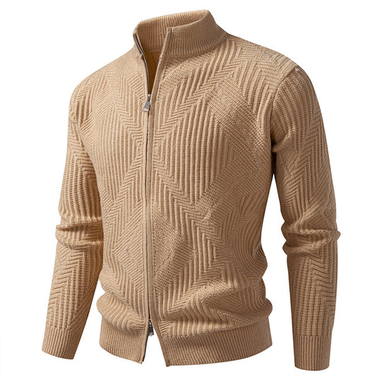 Herren Reißverschluss-Cardigan mit geometrischem Fischgrätstrick und Stehkragen Nord Taschen