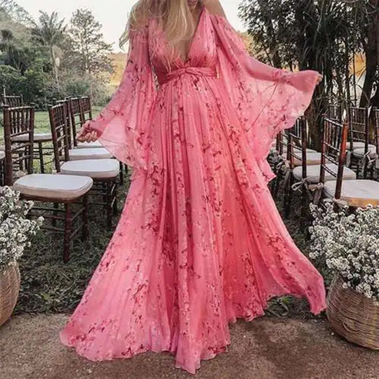 Damen Luftiges Maxi-Kleid mit floralen Akzenten und schwingenden Ärmeln