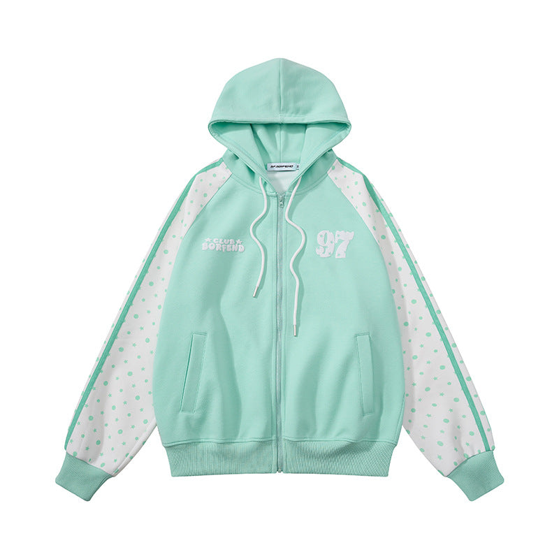 Damen Kapuzen‑Sweatjacke mit durchgehendem Reißverschluss, Raglanärmeln und Polka‑Dot‑Einsätzen Nord Taschen