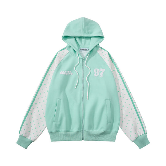 Damen Kapuzen‑Sweatjacke mit durchgehendem Reißverschluss, Raglanärmeln und Polka‑Dot‑Einsätzen Nord Taschen