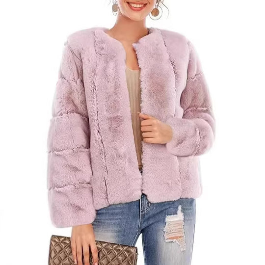 Damen Kurze Plüsch-Bomberjacke aus Kunstpelz mit kastiger Silhouette und Paneelärmeln Nord Taschen