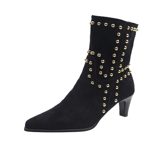 Damen spitze Velours‑Optik Stiefelette mit Nietenbesatz und niedrigem Pfennigabsatz Nord Taschen
