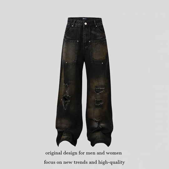 Damen Weite High‑Waist Destroyed Denim‑Palazzo‑Jeans mit aufgesetzten Taschen Nord Taschen