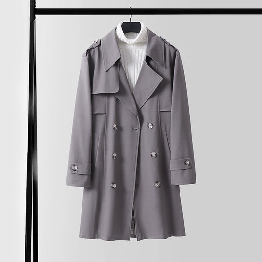 Damen Doppelreihiger Kurztrenchcoat aus leichtem Wollmix mit soften Fall und Schulterklappen Nord Taschen