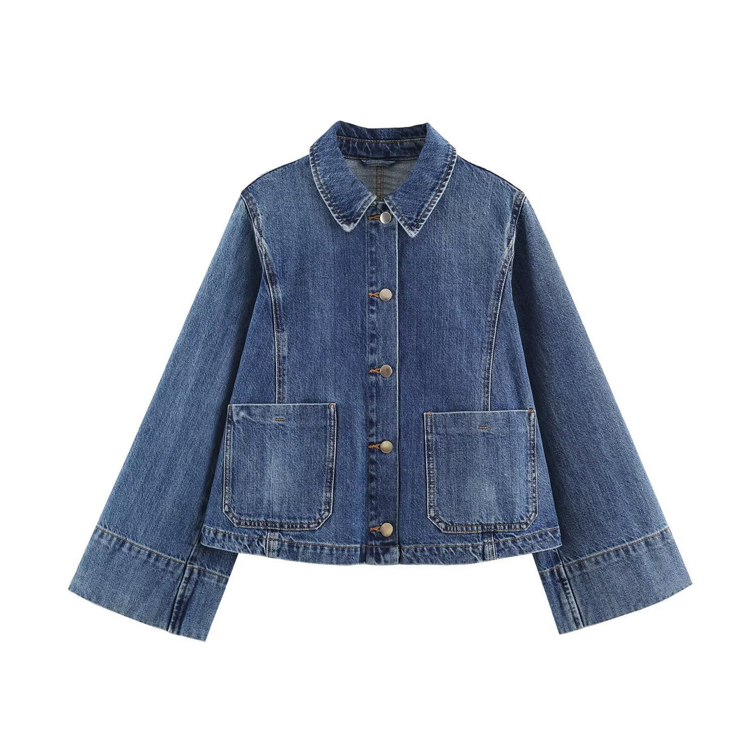 Damen Boxy Jeansjacke mit weiten Ärmeln, aufgesetzten Pattentaschen und Druckknopfverschluss Nord Taschen