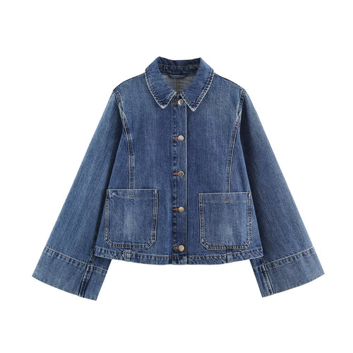 Damen Boxy Jeansjacke mit weiten Ärmeln, aufgesetzten Pattentaschen und Druckknopfverschluss Nord Taschen