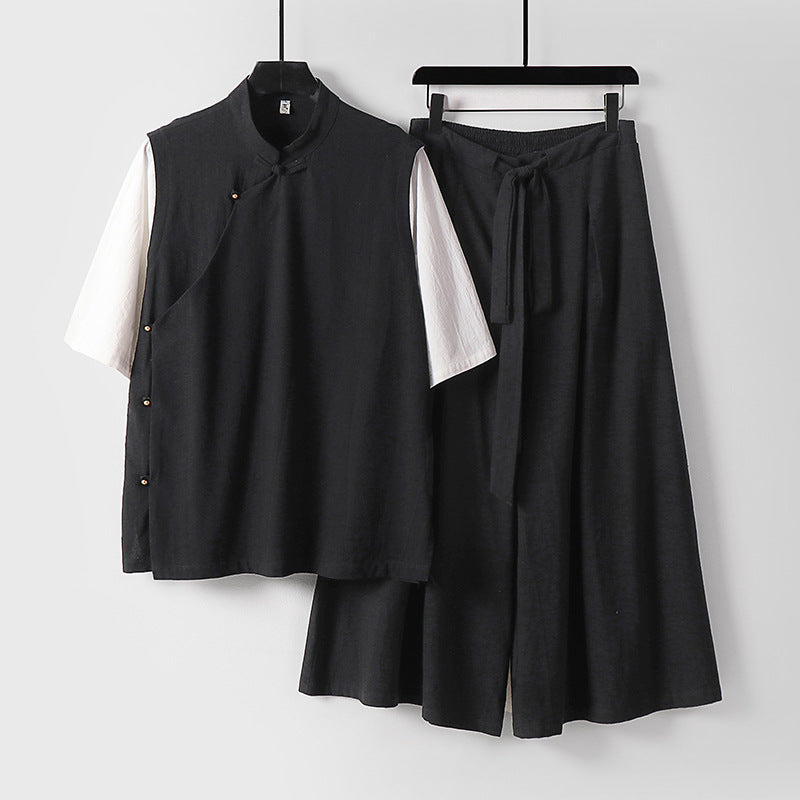 Damen Zweiteiliges Kimono-Loungewear-Set aus Leinenmischung mit Stehkragen asymmetrischer Knopfleiste und weitem Palazzo-Hosenrock Nord Taschen