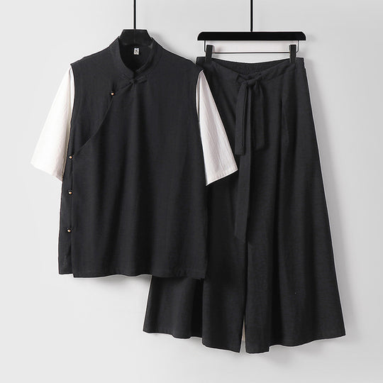 Damen Zweiteiliges Kimono-Loungewear-Set aus Leinenmischung mit Stehkragen asymmetrischer Knopfleiste und weitem Palazzo-Hosenrock Nord Taschen