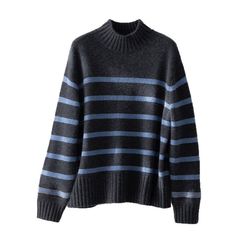 Damen Gestreifter Feinstrick-Pullover mit halbhohem Rippkragen und geripptem Saum Nord Taschen