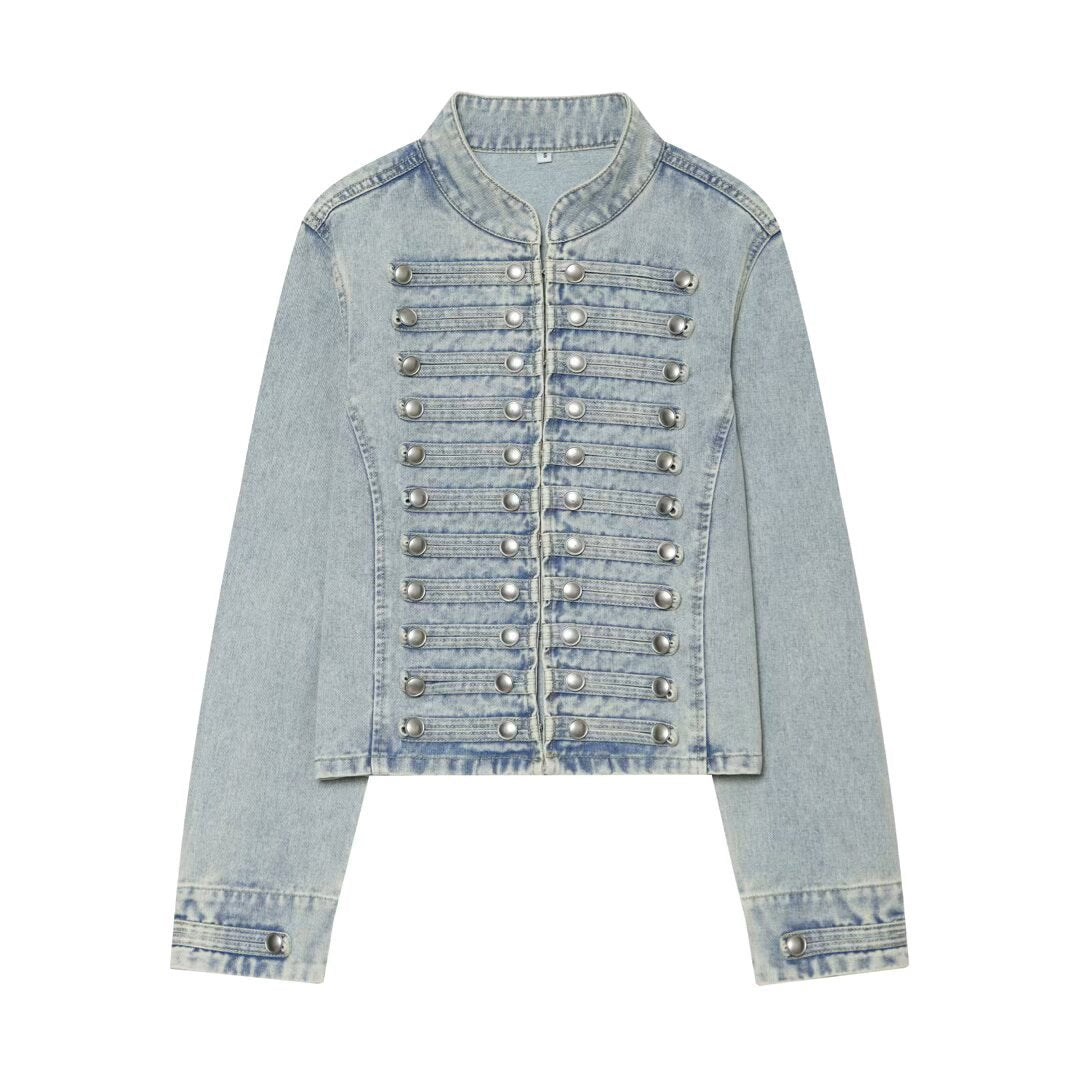 Damen Cropped Denim‑Blouson im Frackstil mit dekorativen Reihenknöpfen Nord Taschen