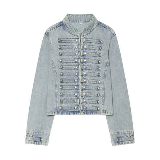 Damen Cropped Denim‑Blouson im Frackstil mit dekorativen Reihenknöpfen Nord Taschen