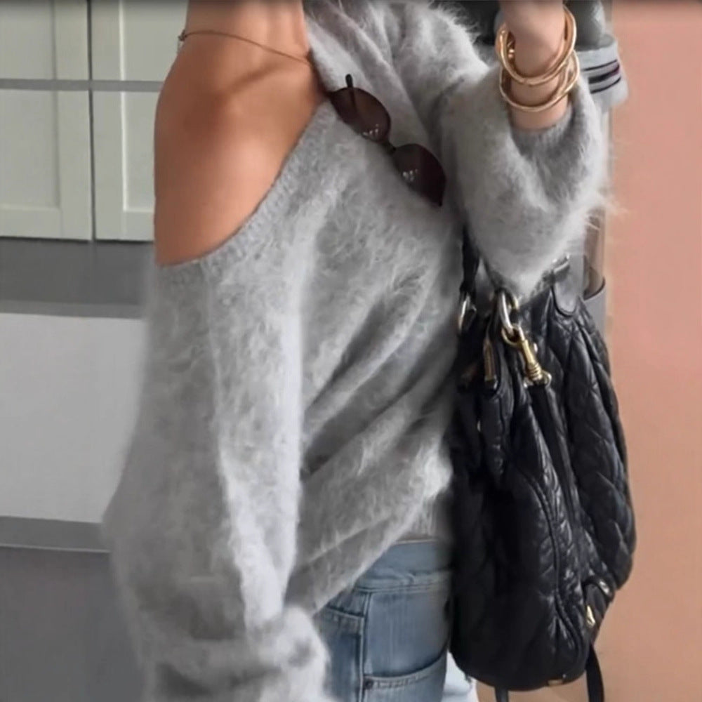 Damen Oversize Mohair-Blend Off-Shoulder Pullover mit Ballonärmeln Nord Taschen