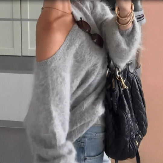 Damen Oversize Mohair-Blend Off-Shoulder Pullover mit Ballonärmeln Nord Taschen