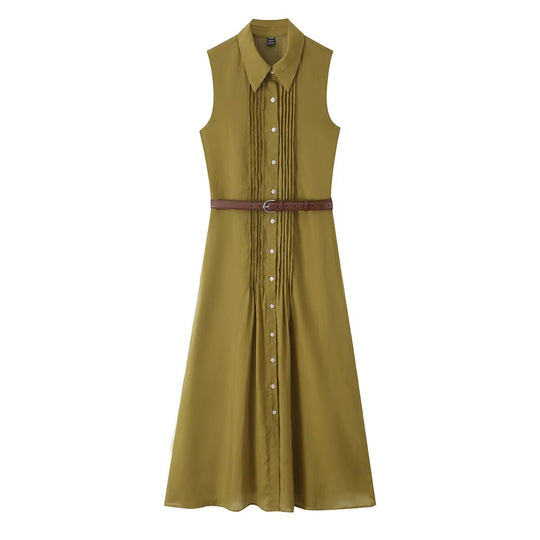 Damen Ärmelloses Hemdblusenkleid mit Kellerfalten, durchgehender Knopfleiste und Taillengürtel Nord Taschen