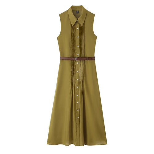 Damen Ärmelloses Hemdblusenkleid mit Kellerfalten, durchgehender Knopfleiste und Taillengürtel Nord Taschen