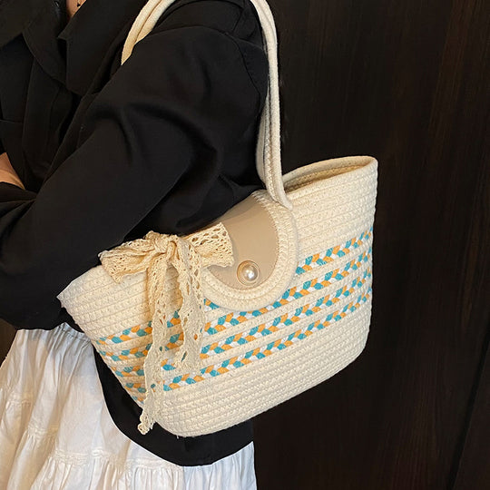 Damen Jute-Handtasche mit dekorativem Spitzenband Nord Taschen