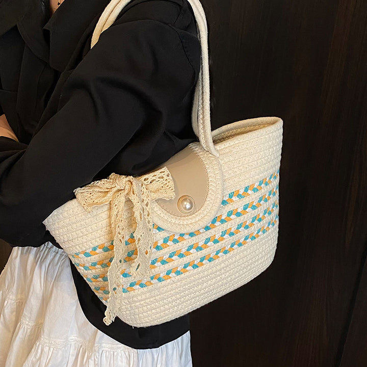 Damen Jute-Handtasche mit dekorativem Spitzenband Nord Taschen