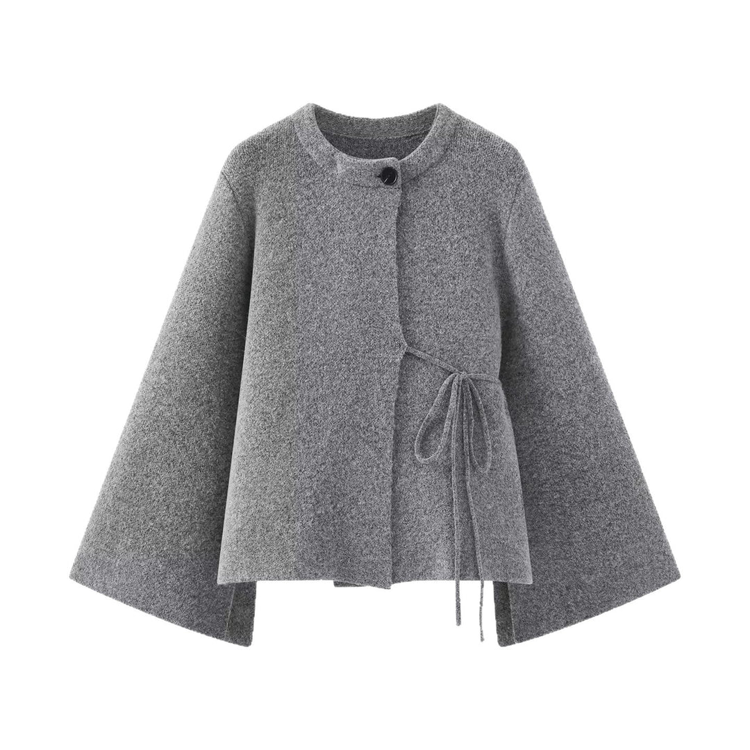 Damen Kurzes Wollmix‑Cape mit Rundhals, Tunnelzug‑Taillierung und Trompetenärmeln Nord Taschen