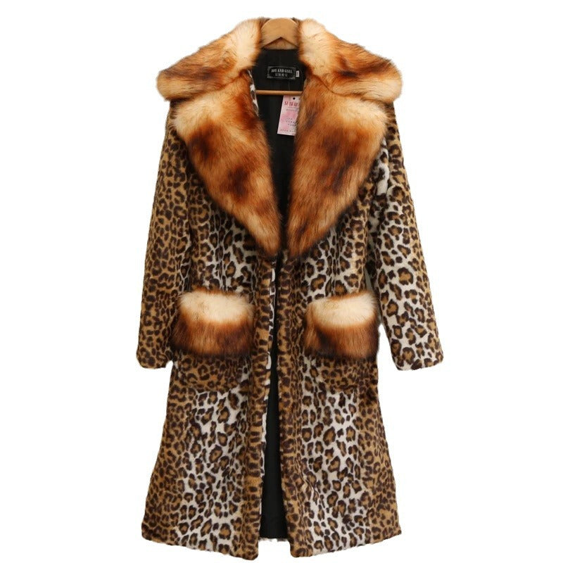 Damen Langer Kunstfellmantel im Leopardprint mit großem Pelzkragen und Taschenbesatz Nord Taschen