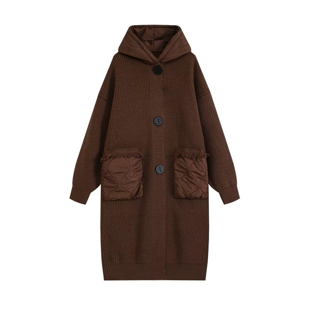 Damen Longline Grobstrickmantel mit gesteppter Kapuze und übergroßen Fronttaschen Nord Taschen