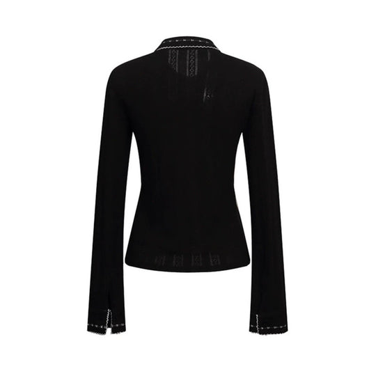 Damen Feines Rippstrick-Poloshirt mit Spitzkragen, Knopfleiste und Zierstickerei Nord Taschen