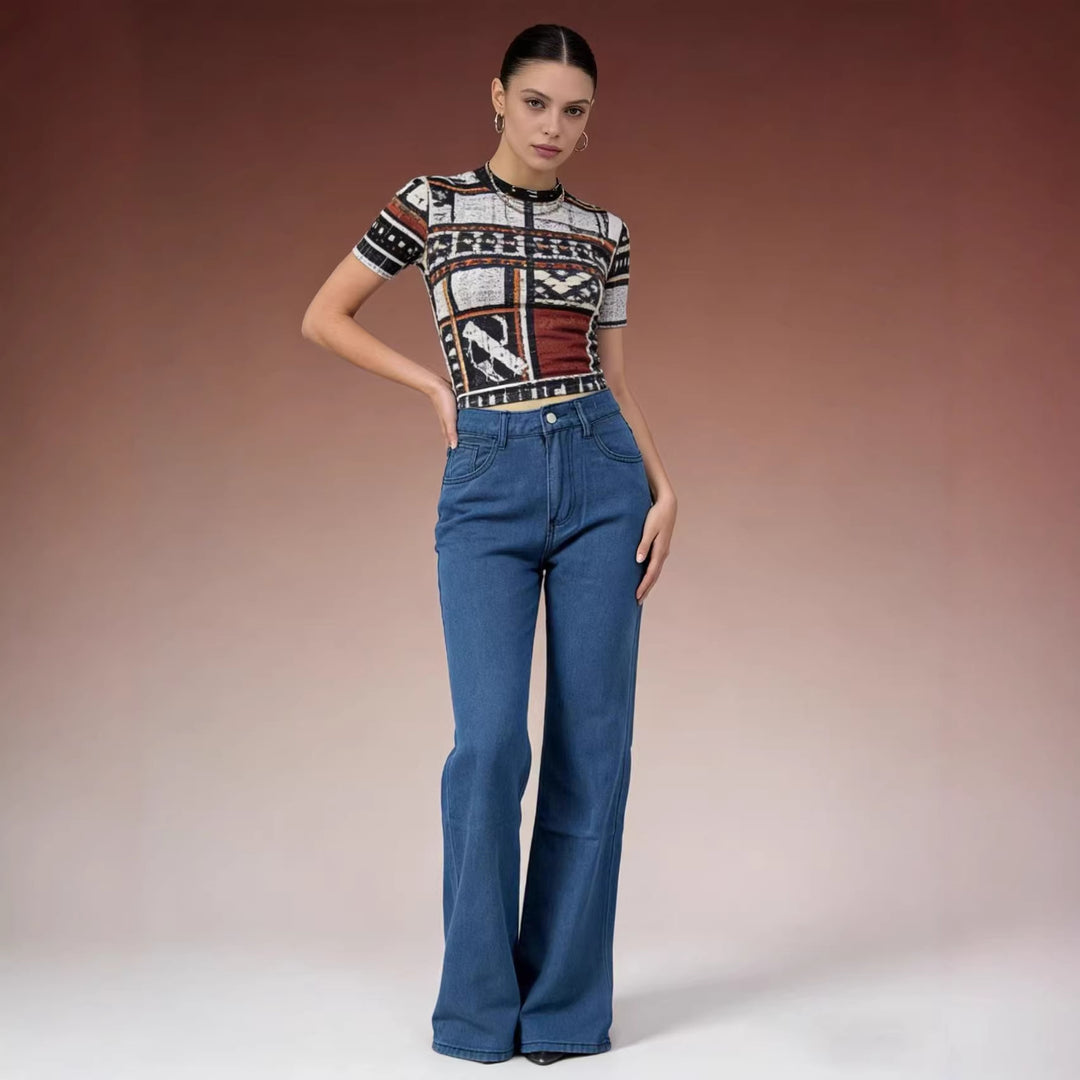 Damen hochgeschnittene weich fallende Schlagjeans aus Stretch-Denim mit figurformender Passform Nord Taschen
