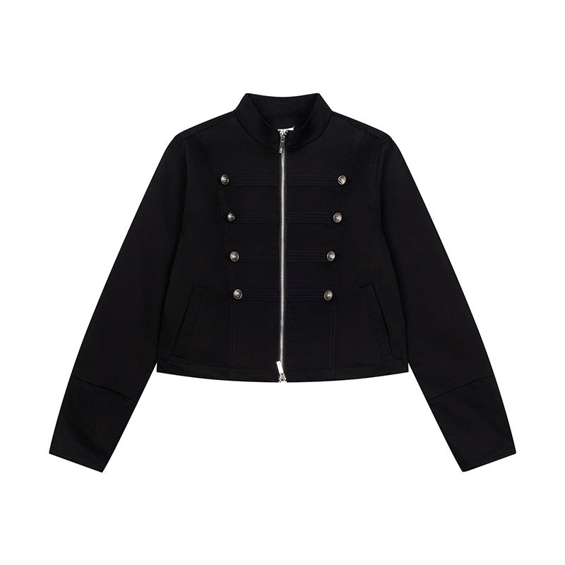 Damen kurze taillierte Militärjacke mit Stehkragen, Zierknopfreihen und Zwei‑Wege‑Reißverschluss Nord Taschen