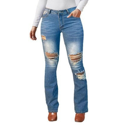 Damen Bootcut-Jeans mit Knie-Rissen aus Stretch-Denim und mittelhoher Taille Nord Taschen