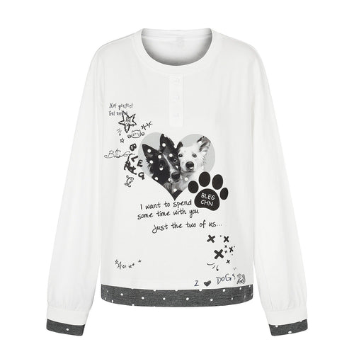 Damen Langarm-Pyjama-Top mit halbnaher Knopfleiste, Herz-Hundeprint und kontrastiertem Bündchen Nord Taschen