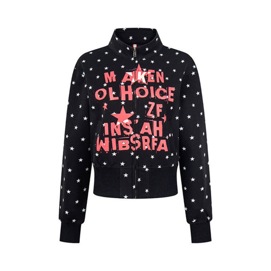 Damen Kurze Reißverschluss-Sweatjacke mit Stehkragen, Allover-Sternprint und Statement-Frontprint Nord Taschen