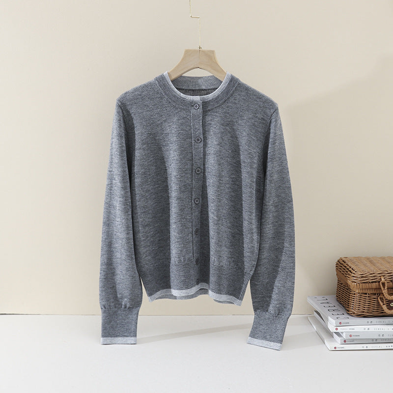 Damen Leichter Feinstrick-Cardigan mit Rundhals, Kontrastbündchen und durchgehender Knopfleiste Nord Taschen