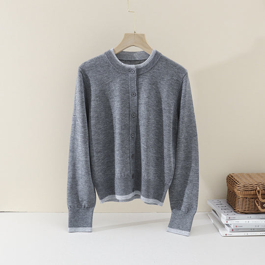 Damen Leichter Feinstrick-Cardigan mit Rundhals, Kontrastbündchen und durchgehender Knopfleiste Nord Taschen