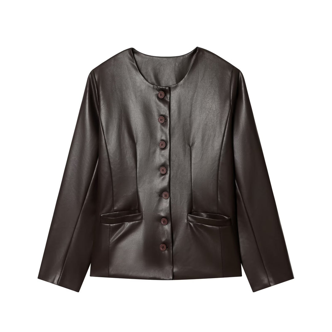 Damen Knopfblazer aus veganer Lederoptik im Cropped‑Boxy‑Schnitt mit Rundhalsausschnitt Nord Taschen