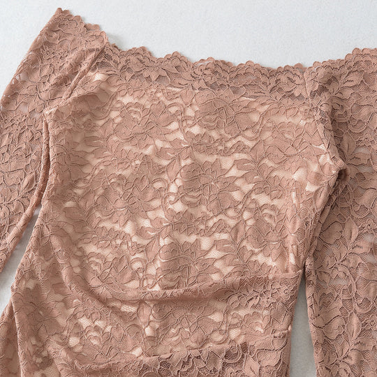 Damen Schulterfreies Spitzenkleid mit Taillenraffung und Langarm Nord Taschen