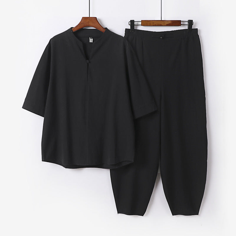 Herren Zweiteiliges Leichtes Leinen-Baumwoll-Set mit Mandarin-Kragen und elastischer Bundhose Nord Taschen
