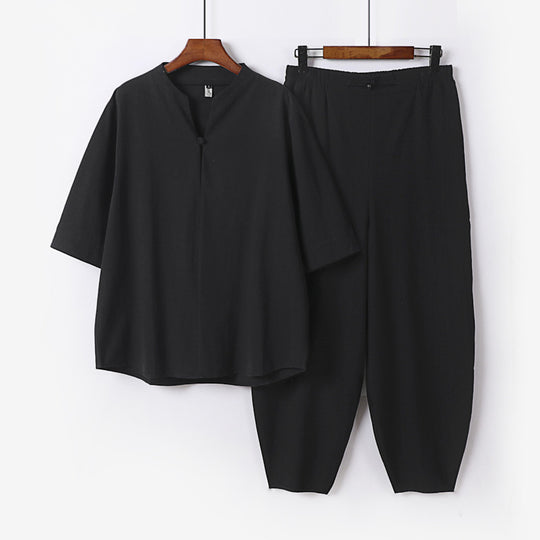 Herren Zweiteiliges Leichtes Leinen-Baumwoll-Set mit Mandarin-Kragen und elastischer Bundhose Nord Taschen