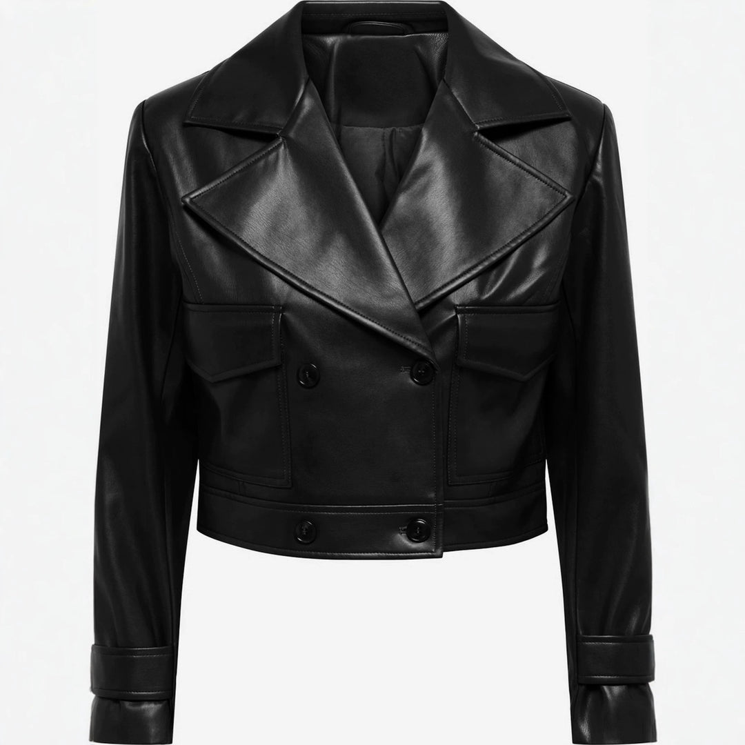 Damen kurz geschnittene Doppelreihige Lederjacke mit breitem Revers Nord Taschen